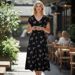 Vintage Liz Claiborne Y2k Floral Babydoll Dress 8 Black Cottagecore Fairy Casual